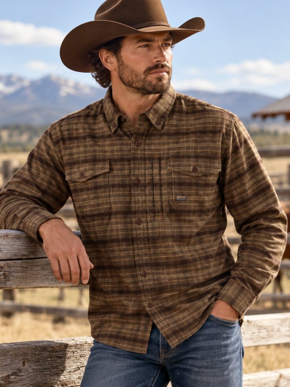 Ariat Men's Rebar Flannel DuraStretch Wren Brown Work Shirt